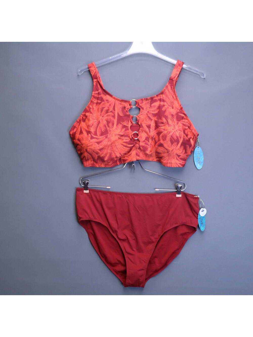 Mynah 2-Piece Bikini Swimsuit Set Womens Plus Size 22W Red Palm O-Ring High Rise